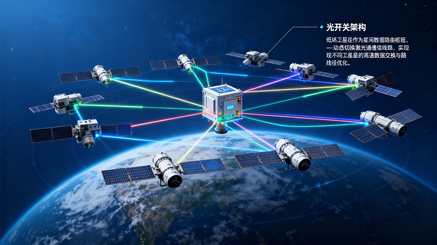 低轨卫星星座光开关部署架构,展示光开关在星间组网中的关键作用 低轨卫星星座光开关部署架构,展示光开关在星间组网中的关键作用
