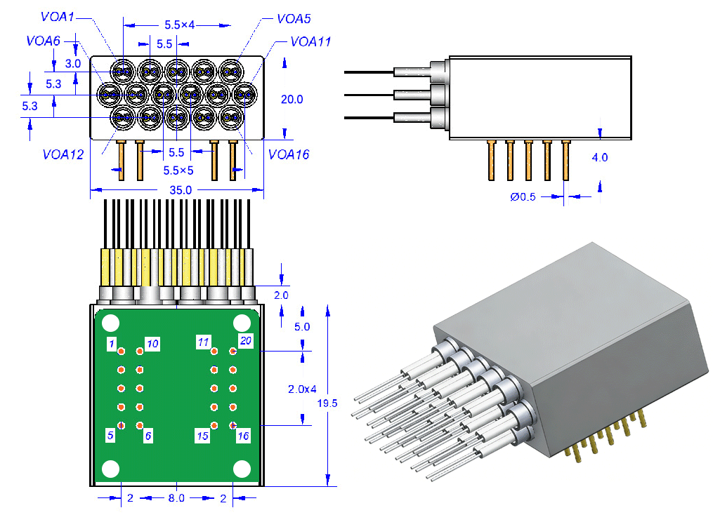 MEMS可变衰减阵列产品尺寸图 - 可毅光通信