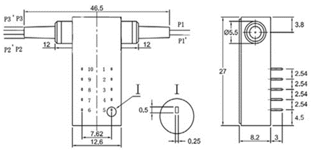D1×2 多模光开关（3V 锁定型）产品尺寸图 - 科毅光通信