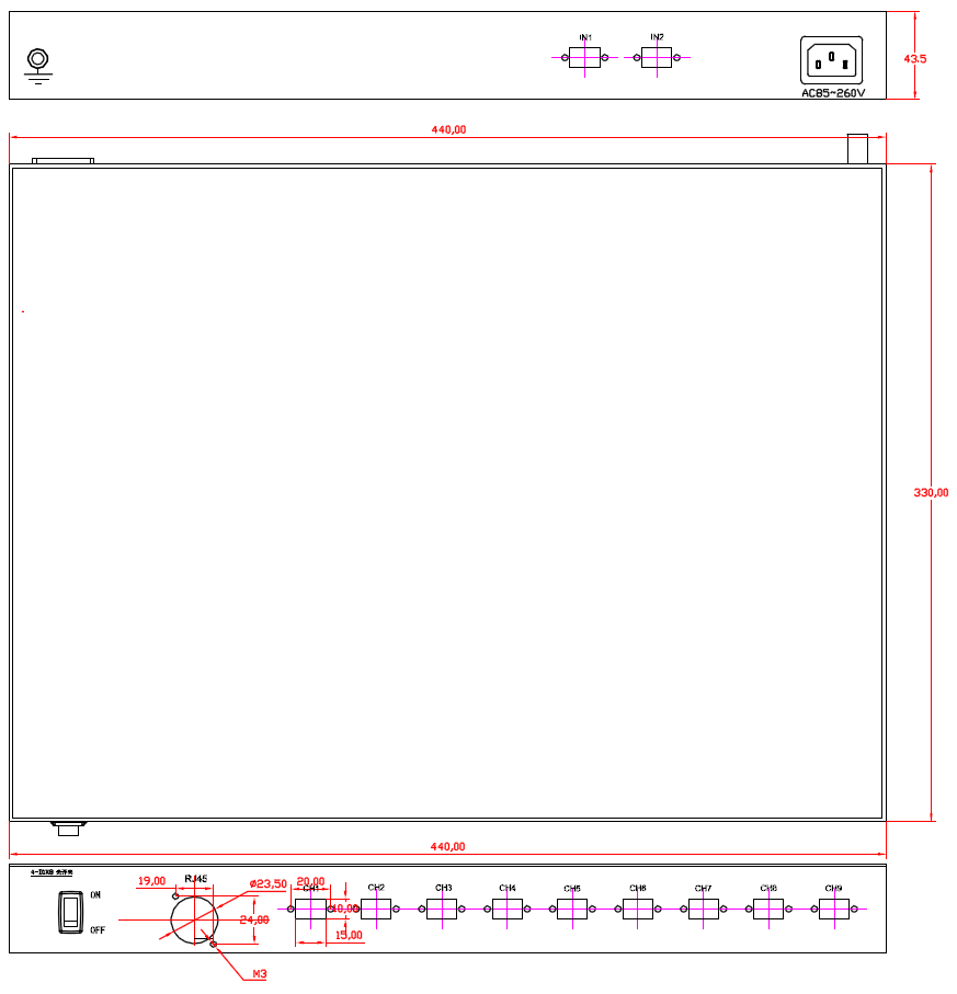 OSW-4(D1×8)-M5-85-1U-S22-MPO光切换设备产品尺寸图 - 科毅光通信 OSW-4(D1×8)-M5-85-1U-S22-MPO光切换设备产品尺寸图 - 科毅光通信